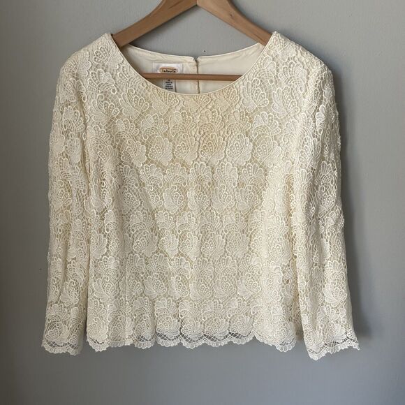 Talbots Vintage Lace Overlay Blouse Princess Seams Back Covered Buttons Size 14 - Picture 1 of 14